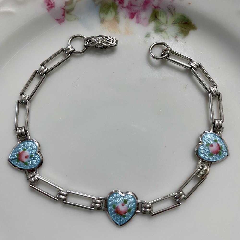 VTG Sterling 3 Hearts Guilloche Bracelet